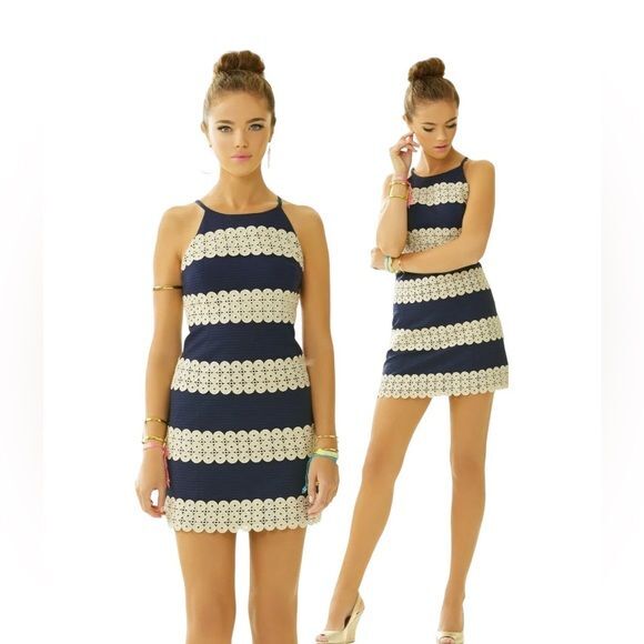 NWT Lilly Pulitzer Annabelle True Navy Gold Lace Stripe Shift Dress Size 00 - Picture 1 of 16